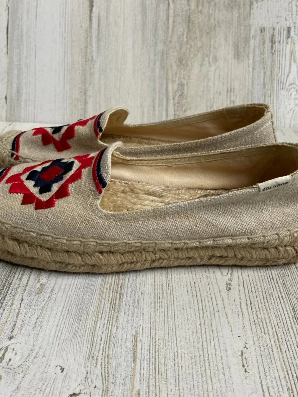Soludos Size 7.5 Embroidered Espadrille Flats Canvas Slip On Shoes
